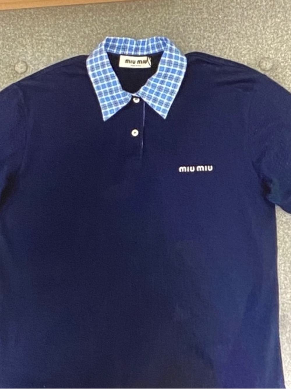 Miu Miu Navy Polo with Light Blue Checked Collar
